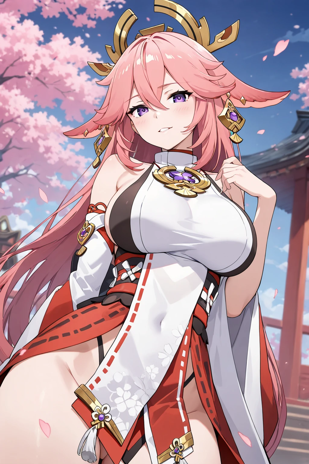 masterpiece, best quality, very aesthetic, absurdres, 1girl, yae miko, genshin impact, anime style, cowboy shot, fox ears, breasts, light smile, east asian architecture, petals, huge tits, no bra, nipples 