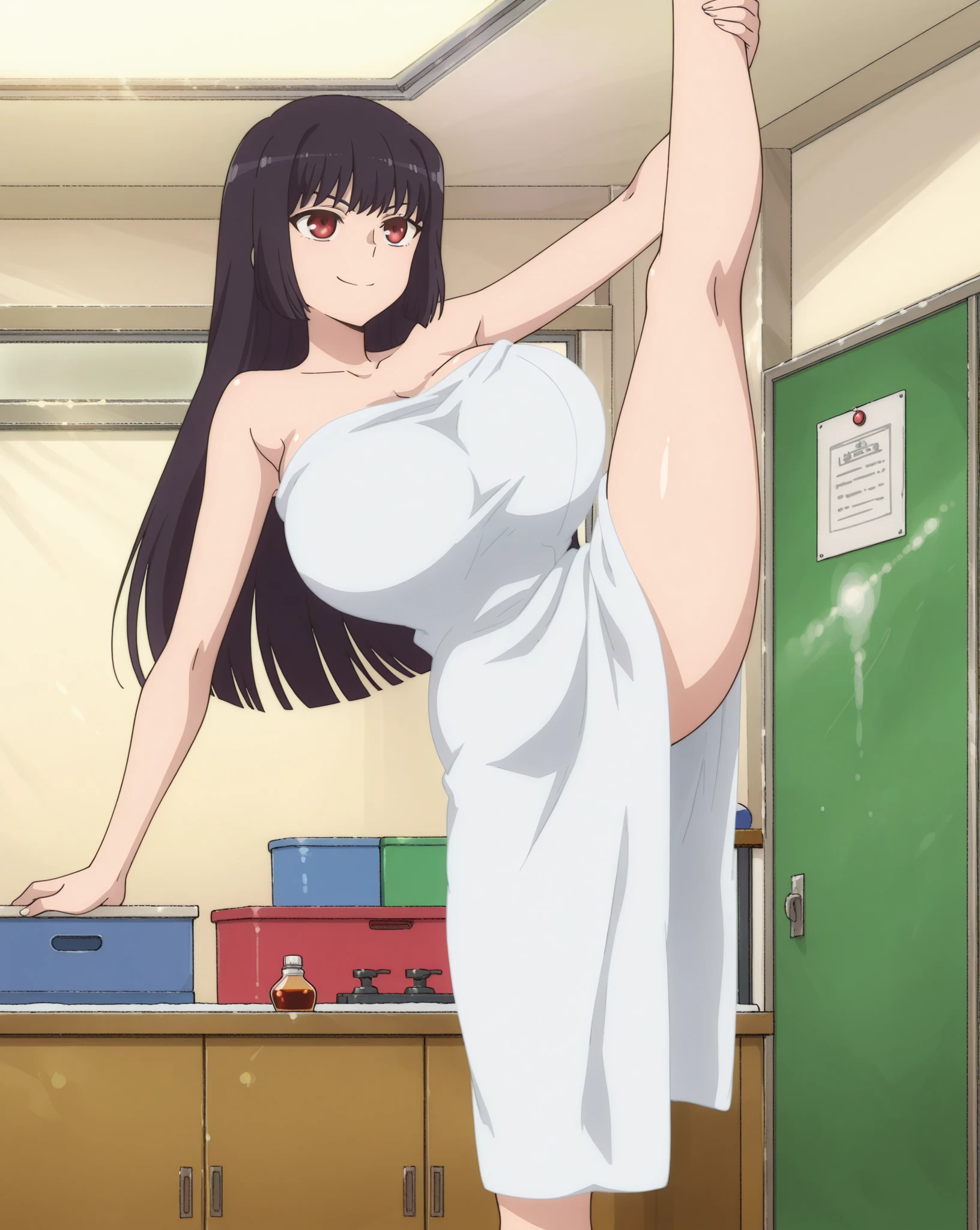 masterpiece, best quality, highres, Yamada Anna, 1girl, solo, busty, large breasts, black hair, long hair, sport bra, short skirt, looking at viewer, full body, standing, simple background, (erotic pose:1.4), blush, flustered, (panties exposed:1.3), ((arms behind head, double armpits, standing)), Half body, upper body, In the middle, symmetrical,