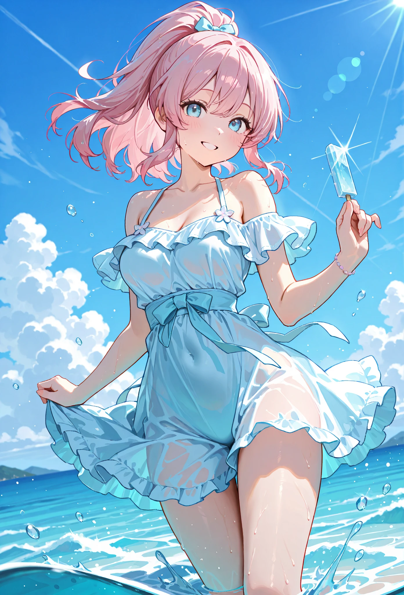 ((formal One-piece dress))), skinny, solo, 1 woman, Masterpiece, highest quality, highest quality, 16K, incredibly absurd, highly detailed, 2.5D, ai-generated, delicate and dynamic, very delicate facial expressions, delicate eye depiction, erotic, only sexy woman, ((A cute and kind face)), healthy figure, ((25-year-old woman)), 160cm tall, medium firm swaying bust, (short hair), (pink hair:1.5), bob cut, black eye, blush, Sweat,Embarrassed,sexy, ((thin thighs)), shiny and lustrous, Dynamic poses, sexy poses, resorts, hilltops, midsummer seas, dutch angle,