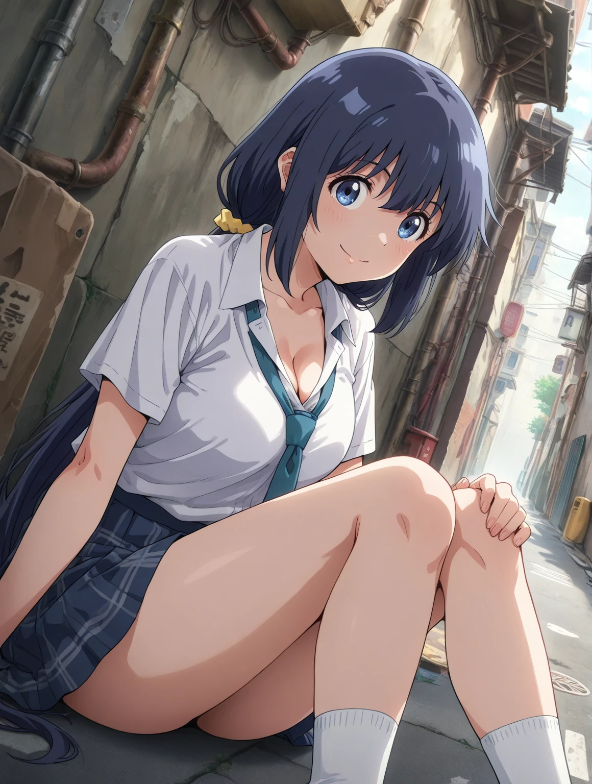 nsfw, nude, naked, 1girl, large breasts, nipple. empty eyes,,shizu murasame, long hair, blue eyes, black hair, sidelocks, hime cut, bangs, blunt bangs,,, 16 years old、 crying 、whole body, amusement park、
