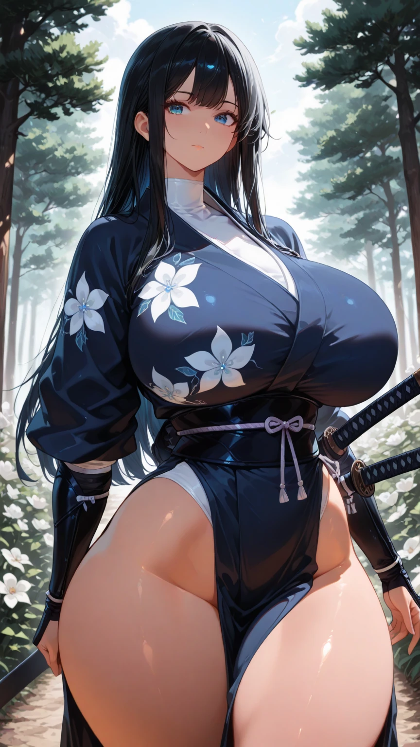 score_9, score_8_up, score_7_up, score_6_up, uncensored, Albedo, demon horns, black hair, long hair, yellow eyes, slit pupils, BREAK detailed eyes, (perfect hands, perfect anatomy), detailed skin texture, (blush:0.5), (goosebumps:0.5), subsurface scattering, Photorealistic, Hyperrealistic, Hyperdetailed, analog style, soft lighting, subsurface scattering, realistic, heavy shadow, masterpiece, best quality, ultra realistic, 8k, golden ratio, Intricate, High Detail, film photography, soft focus, excessive sweating, sweating profusely, sweating drop BREAK, 1girl, breasts, japanese clothes, large breasts, solo, weapon, sword, kimono, magatama, katana, sash, jewelry, thighhighs, cleavage, smile, obi, thighs, earrings, rope belt, sitting, magatama necklace, wide sleeves, looking at viewer, white kimono, open mouth, necklace, detached sleeves, grey kimono, cherry blossoms, black thighhighs, holding weapon, holding, holding sword, long sleeves, bare shoulders, dragon print, weapon over shoulder, spread legs, backlighting, tentacles, large breasts, 