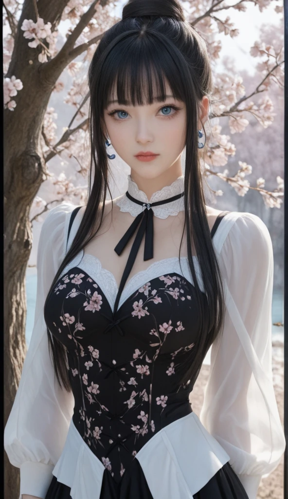 A close up of a woman wearing a black and white dress - SeaArt AI