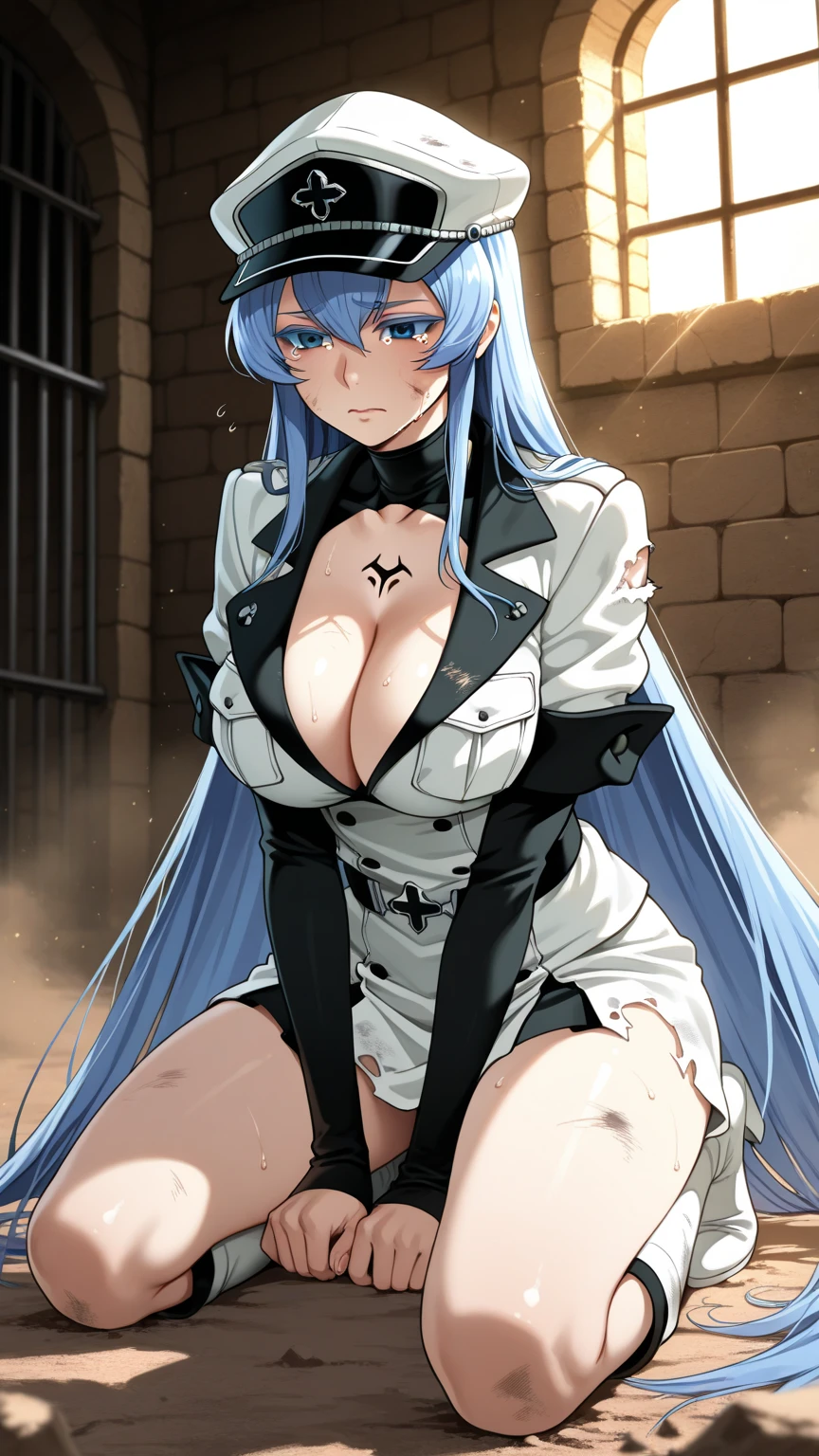 （（（Highest quality、first class、masterpiece、Normal body、8k、Detailed face、Ultra-precision、normal hand、Normal refer to、５refer to、Highest）））、Eternal Frail、Silver Hair、Long Hair、kind、clear、pure、A blue suit that reveals a cleavage、Navy blue shorts、"SD Gundam G Generation"、Shot down、Defeated、Captured、Taken prisoner、Handcuffed、Detained、Chained by a collar、Jail、On all fours、Chains connected to hands and feet、Chains connected to the collar、Can't stand、Torn suit、Ripped shorts、Underwear exposed、Injected with an aphrodisiac、In heat