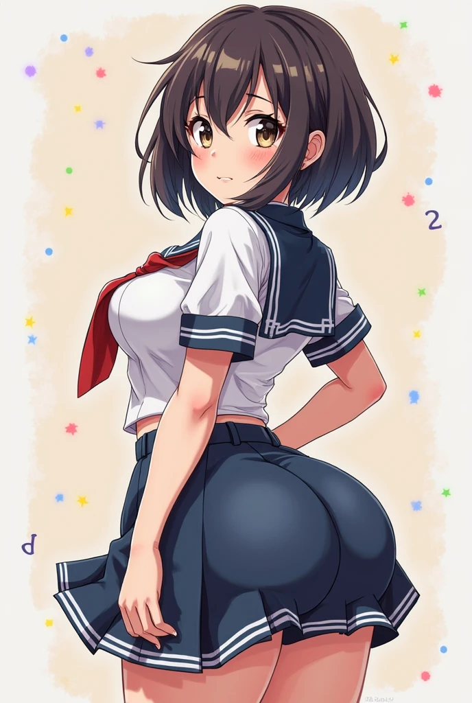 all intricate details, realistic anime, slim buidl, character: andrea in a uniform consisting of an unbuttoned blouse with a wide neckline showing a bra and thong under a cowboy mini skirt, She is a girl with a large but firm and rounded bust with covered nipples, She likes sexy poses, Open legs and rounded and firm butt like her heroine Sailor Moon, Leaning forward, slightly lifting her miniskirt, you can see her buttocks, ((solo 1 girl view)), white background, rear side lighting, full body shot, Sexy front angle,