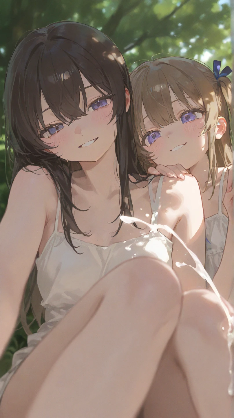 ultra-detailliert, Best Quality, High resolution, ((Two cute little girls with black hair))、Pretty eyes、Detailed eye depiction、Eye sparkle、Sareme、Looking at Viewer, pale skin、(((Petite))), 　（nude）、(flat chest), (big glasses), (blush:1.2), （big eye：1.5）, Shy smile, NSFW,　the beach, Focus on the face, Long hair,　The upper part of the body、sitting on、from side