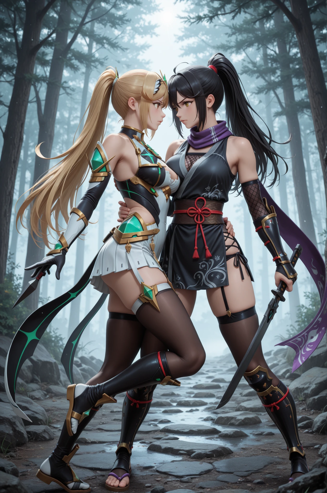 Full body shot of two female from Granblue Fantasy dueling in sword fighting. Both of the warriors has their short sword drawn. The fight is intense and deadly, as one of them is defeated. The victor looks resolute and determined to end the match. They are wearing long gloves and black thigh highs, perfectly match their detached sleeves and skirt, all of which compliment their powerful fighting stance. Set in the lush background of the forest. No NSFW picture.