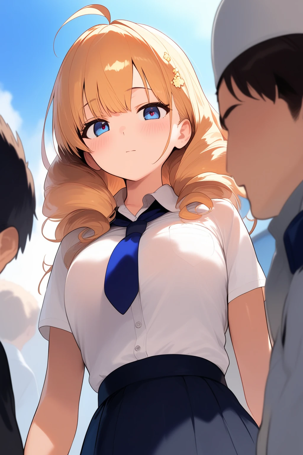 (((masterpiece))), (((best quality))), ((ultra-detailed)), ((an extremely delicate and beautiful)), (unity 8k wallpaper), (super detailed skin), (perfect anatomy), (intricate composition), ((depth of field)), practical light, solo, 1girl, Japanese, 16 years old, cute, baby face, fluffy hair, brown hair, beauty, brown eyes, beautiful detailed eyes, dashed eyes, her eyes slightly open, bangs, asymmetrical bangs, forehead, eyeshadow, faint lips, visible ears, crowd, kawaii face, cute face, beauty face, thin thighs, little smile, pursed lips, (middle hair), , blazer, classic style with white shirt and plaid skirt, formal look