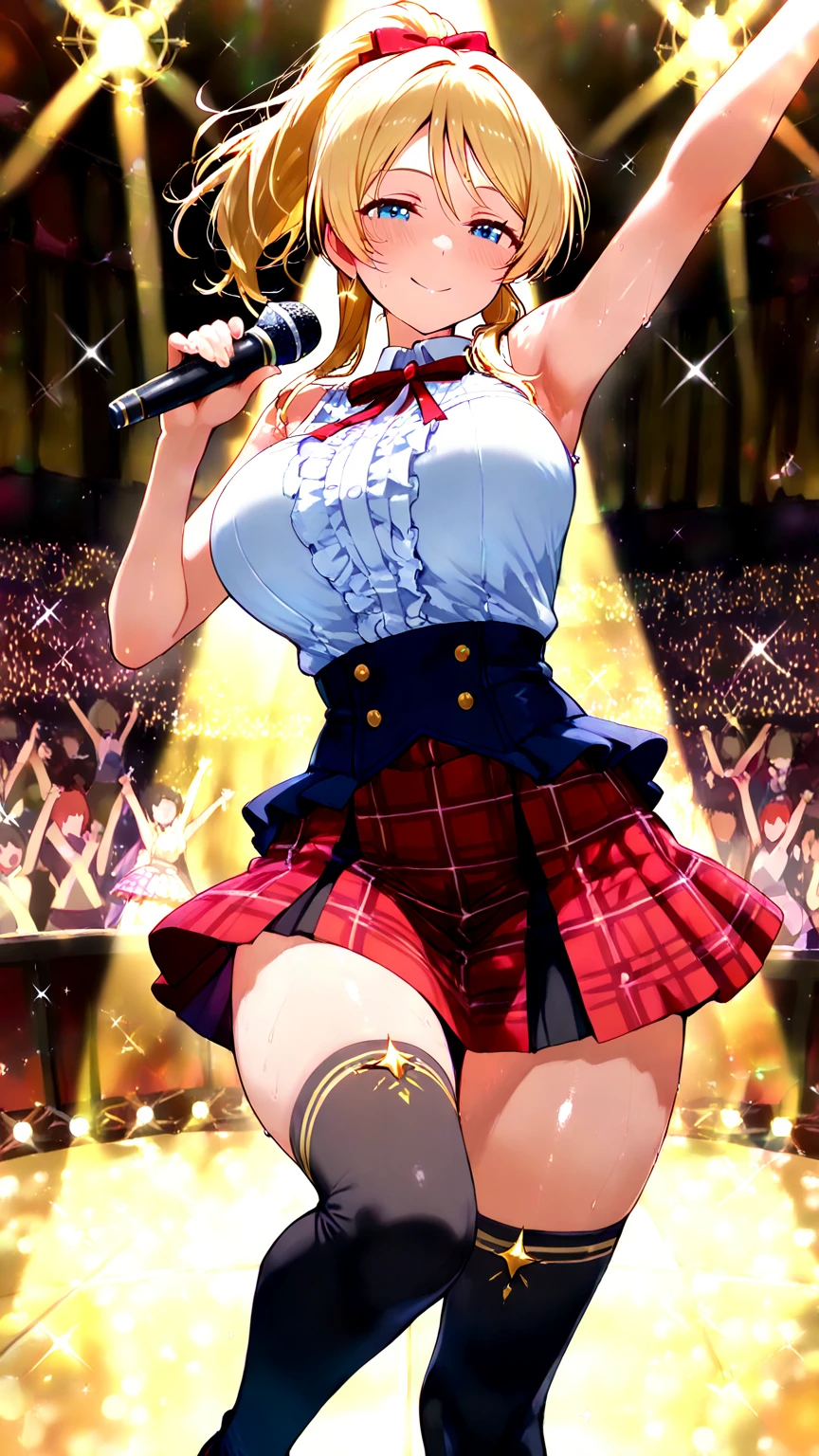 masterpiece, ultra-detailed, illustration, game cg, best quality, highres, kitagawa marin, 1girl, short fluffy blonde hair, swept bangs, gradient hair, red eyes, glossy lips, light smile, blush, large breasts, red puffy miniskirt, white blazer, red thigh boots, standing, stage, microphone