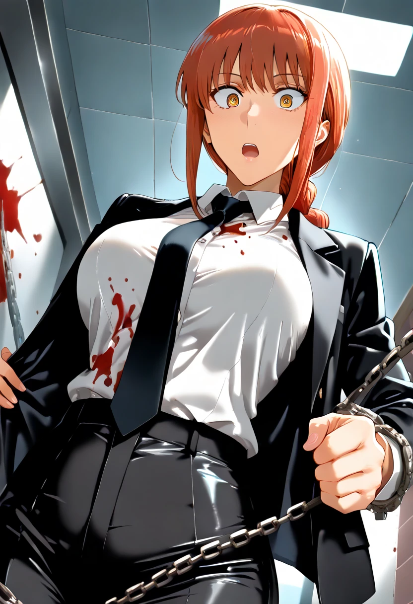 masterpiece, best quality, 1girl, beautiful, slim, long hair, red hair, beautiful woman, mature woman, royal queen, sitting, rope, shibari, bondage, suspension, spread legs, chains, hands bound behind her back by thick ropes, bound by many ropes, white shirt, long sleeves shirt, collared shirt, black necktie, bangs, huge breasts, breasts covered in shirt, arms bound behind her back, perfectly drawn feet, perfectly drawn toes, perfectly drawn hands, perfectly drawn fingers, both hands tied behind her back, both arms tied behind her back, perfectly drawn eyes, makima \(chainsaw man\), long sleeves shirt, long braided hair, golden eyes, glowing eyes, crying expression, crying, tear, high definition, thick chains, many chains, old warehouse, broken, dirty, night, dark, helpless, feeling hopeless, (blood in her nose), (blood on her face), ((blood on her lips, blood in her nose, blood on face)), ((blood in mouth)), (open mouth), (left eye closed), office lady unifrom, (long black trousers), (full legs covered in long black trousers), (blood on shirt), looking at the camera,