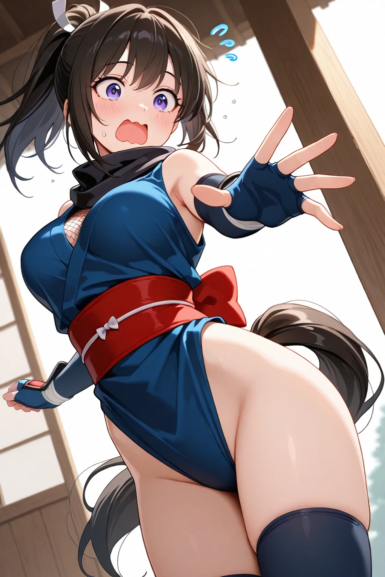 1 girl, (solo), ((amanogawaki)), best quality, highres, high quality, 8k, HD, super detail, anatomically correct, UHD, accurate, (masterpiece:1.0), (high quality:1.0), (ultra detailed), (no Background), (White Background), ((Adult)), Yellow Headband, ((UnderButt:1.0)), Looking Back, Looking At Viewer, (upper body:1.0), (from below:0.8), (hyperass:0.8), (naked), hands on waist