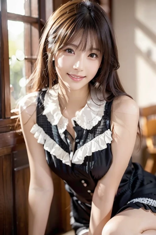 (Highest quality, DSLR photography, 8k, highest quality, high resolution, highest quality, highest resolution, very beautiful woman, perfect ???????), light brown eyes, very light brown eyes, small diamond-shaped earrings, looking directly at the camera, beautiful brown hair, ((baby face, loosely cute medium ponytail)), very short and beautiful bangs with brown hair, E-cup chest, showing beautiful décolleté, very beautiful 20-year-old, lip gloss, smiling very happily, very cute smile, upper teeth, beautiful teeth, (elegant mansion interior (background only)), slightly larger eyes, small face, tall supermodel, beautifully shaped model, gravure style random cute poses, dynamic angles, eye focus, head tilt, very detailed and realistic, very beautiful 20-year-old, ((medium shot)), sharp jawline, ((black maid outfit)), deep waistline, sexy legs, side view, smiling and laughing very happily, summer afternoon.