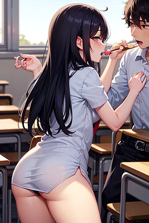 Best Quality、Mastepiece、(Highly detailed face)、Long black hair、Huge breasts，((1 slender girl:1.6))，(A slim, handsome boy wearing a shirt:1.5)，(doggystyle:1.3)，((((One boy and one girl having sex:1.5))))，(Cum there:1.5)、(Spread your legs:1.4)，A big bust that seems to burst，(blush:1.2)，((Painful face:1.4))，(Sweating:1.3)，(Nervous:1.3)，((Intense sex in the classroom:1.5))，(Heart symbol:1.2)