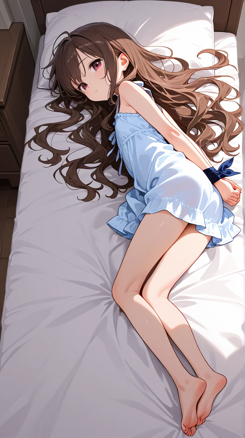 (Highest quality、Masterpiece)1 very Little KIDS、White dress、White panties on the right ankle、White knee-high socks、No panties、Lying down、Sleeping、Semen overflows from the pussy、One leg raised、I can see her pussy、Don't cover your pussy with your hands、Eyes closed、Semen overflowing from pussy、M-shaped legs、Sleeping on one side、