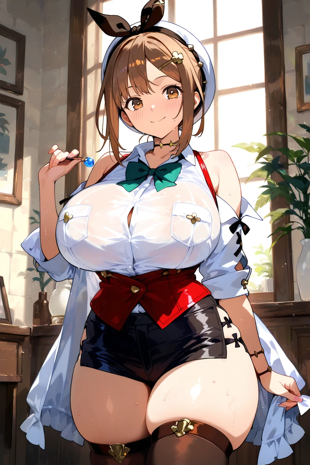 masterpiece, yor, 1girl, Amazing Cleavage:1.3, thin waist, big ass, Raised sexy, medium breast: 1.8 posed cleavage:1.2、solo, looking at viewer, open mouth, have a cup of coffee,black hair, red eyes, dress, bare shoulders, jewelry, collarbone, sidelocks, hairband, earrings, indoors, off shoulder, :o, sweater, arms behind back, plant, short hair with long locks, white hairband, off-shoulder dress, sweater dress, off-shoulder sweater, red sweater, big side hair, very long side hair,is rendered in (masterpiece: 1.2, best quality), with (ultra high resolution) and an exquisite (depth of field). This masterpiece is not only visually stunning but also tells, make of cake cooking ,in the kitchen