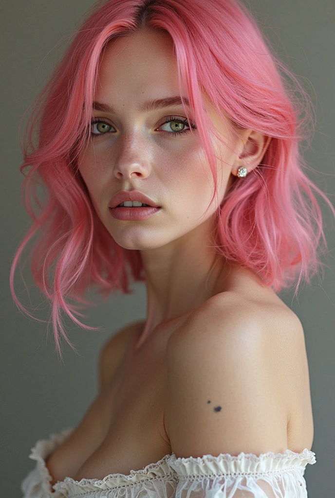 ((8k ultra hd quality)), Girl, White skin, ask frio, Waardenburg blue eyes, soft makeup, pink lips, but short jade green color, Mohawk Inspired One Side Buzz Cut, perfect face, perfect easy traits, perfect body, body with golden ratio, Large and voluminous breasts, round tits, thick and firm thighs, Bright red silk dress with deep neck and side slit, posing at a gala event 