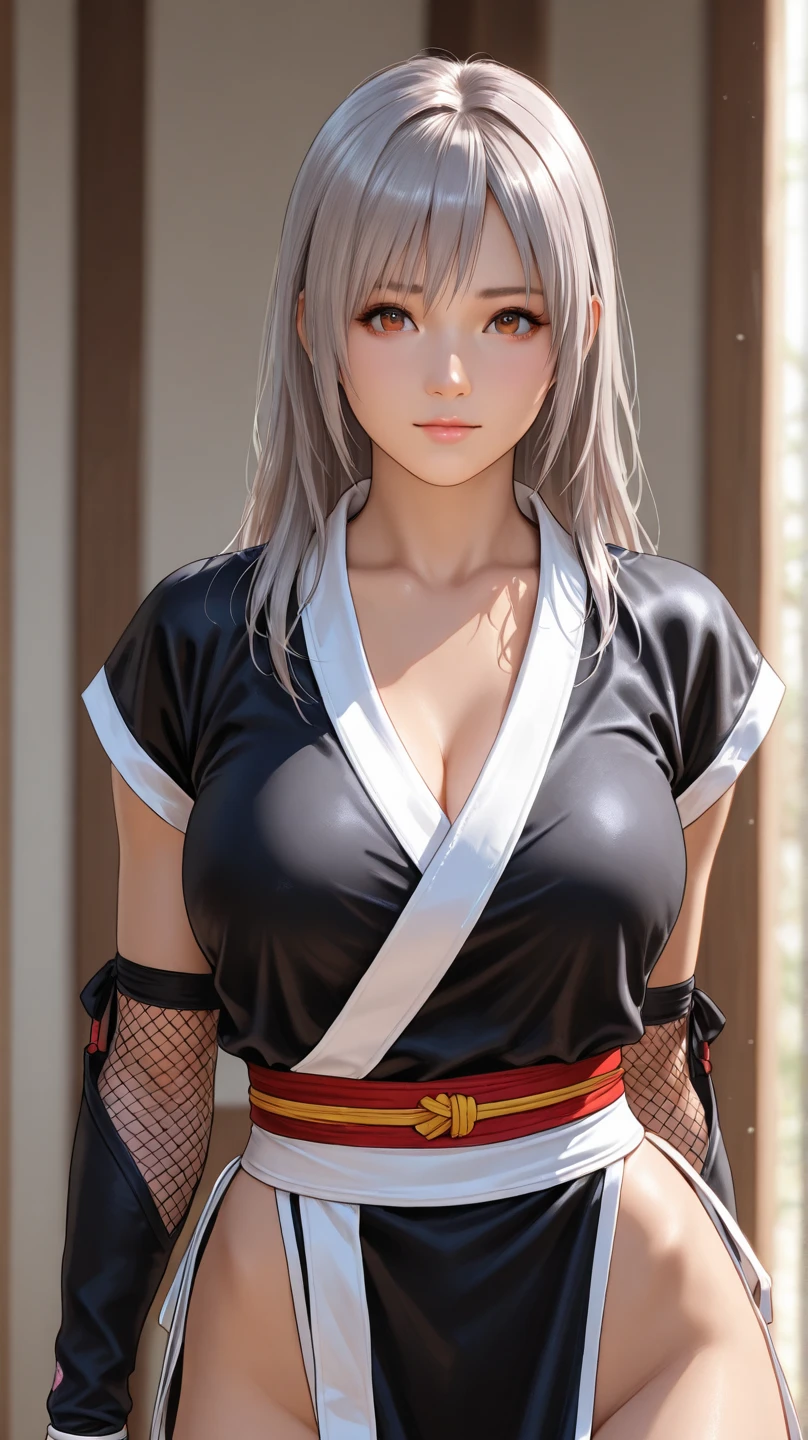 One girl, solo, top ponytail, silver hair, coming towards you, red eyes, red pupils, red lips, waist length hair, large breasts, ball shaped breasts, tight waist, gentle face, beautiful Japanese woman, five fingers, 3D, female swordsman