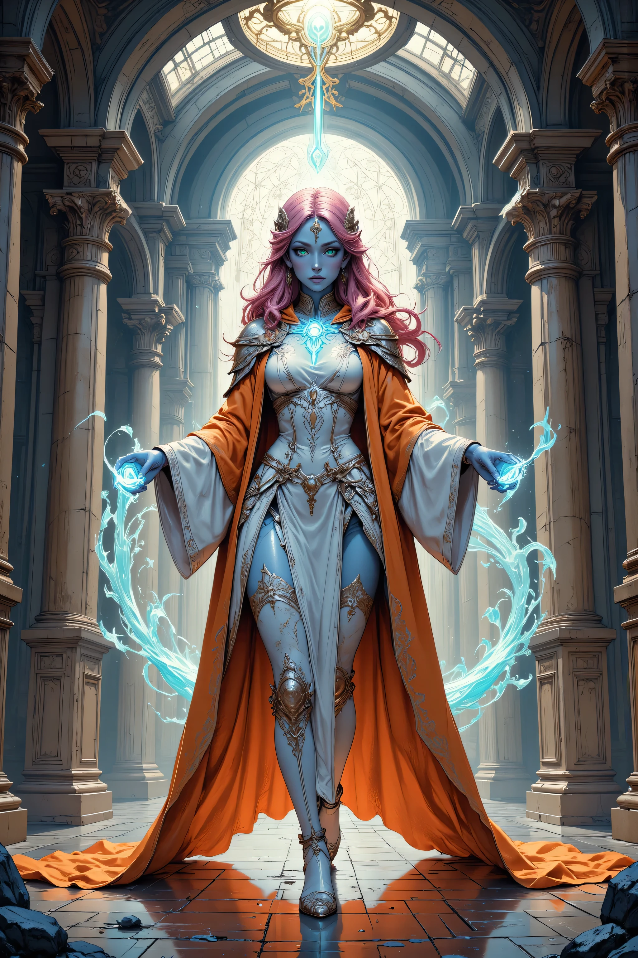 Niji Stan Katayama Style,midjourney ,hyp3rd3tail style,w1n,zavy-ctcmcs,fantasy portrait  art, dnd art, portrait a female, ((blue skin)), intense details facial details, exquisite beauty, cleric, (blue skinned) female, (pink hair), long hair, ((no ears)), (green eyes), casting yellow radiant spell, wearing heavy white armored dress, wearing high heeled boots, wearing an (orange cloak), wearing glowing holy symbol, within fantasy temple background RPG art, wide shot, masterpiece intense details, highly detailed, photorealistic, best quality, highres, , reflection light, high details, best quality, 16k, [ultra detailed], masterpiece, best quality, (extremely detailed), close up, ultra wide shot, photorealistic, RAW, fantasy art, dnd art, fantasy art, realistic art,((best quality)), ((masterpiece)), (detailed), perfect face, art by mooncryptowow
