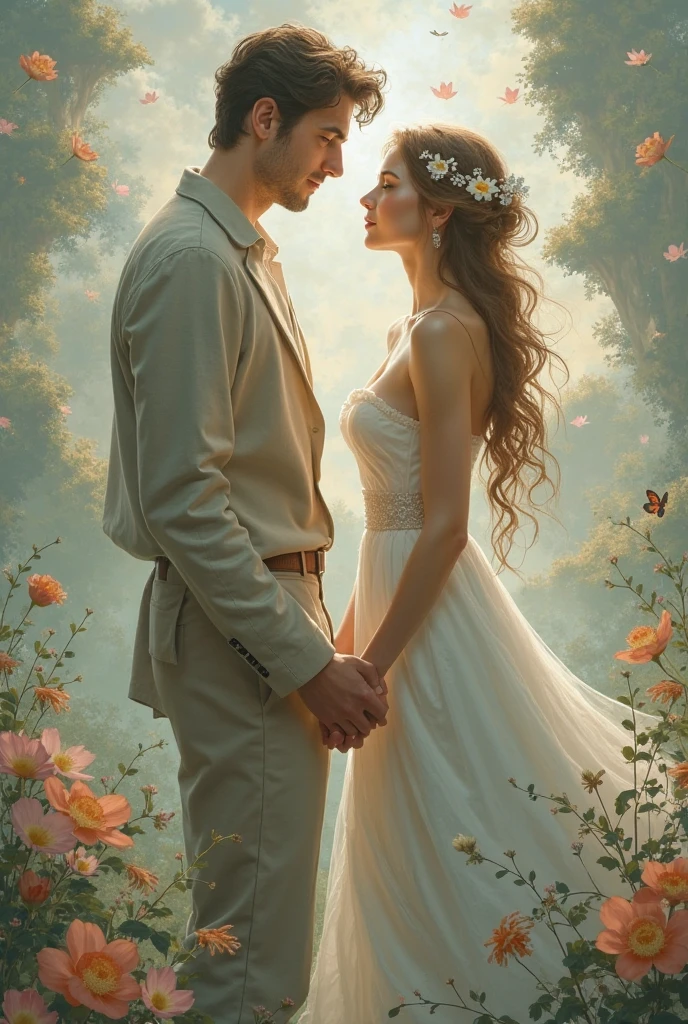 a man and a woman. The man is tall and strong, with dark hair and brown eyes. He's dressed in a white shirt and jeans. He is standing, with one arm around the woman's shoulders and the other holding her hand. The woman is beautiful and delicate, with long, blonde hair and green eyes. She is dressed in a flowery dress and sandals. She's leaning toward the man, one hand on her chest and the other holding his hand. They are looking at each other with love and affection as the sun shines on them. They are surrounded by stunning scenery, with colorful flowers and leafy trees all around. The love between them is strong and pure, as if it were the source of all life. --auto --s2