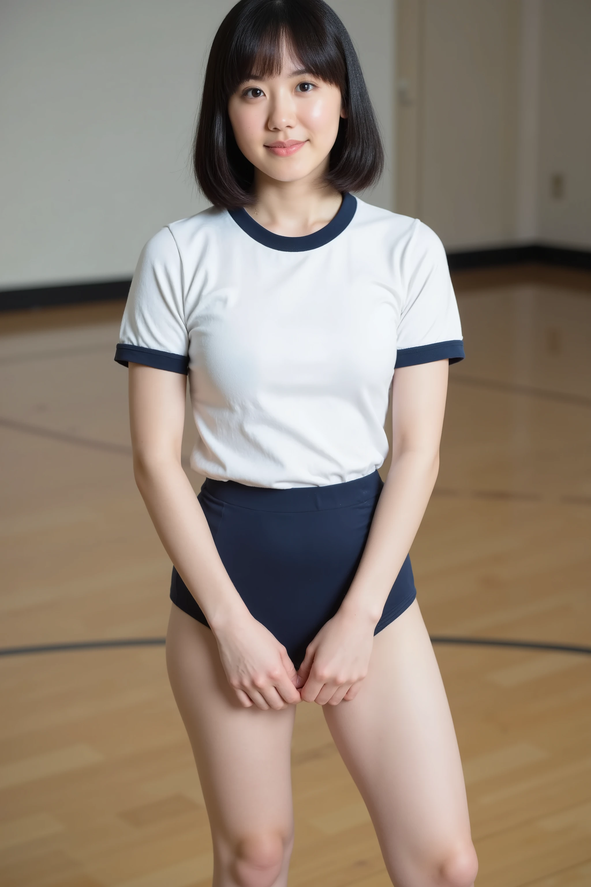 (8k, RAW photos , best quality, masterpiece:1.2), (realistic, photo-realistic:1.4), (Highly Detailed 8K Wallpaper), beautiful Japanese woman from under her feet, short hair, black hair, standing, school gymnasium dark blue buruma, school gymnasium, dark blue bloomer for exercise, ((big breasts)), ( white school t-shirt ), (school gymnasium uniform), camel toe,