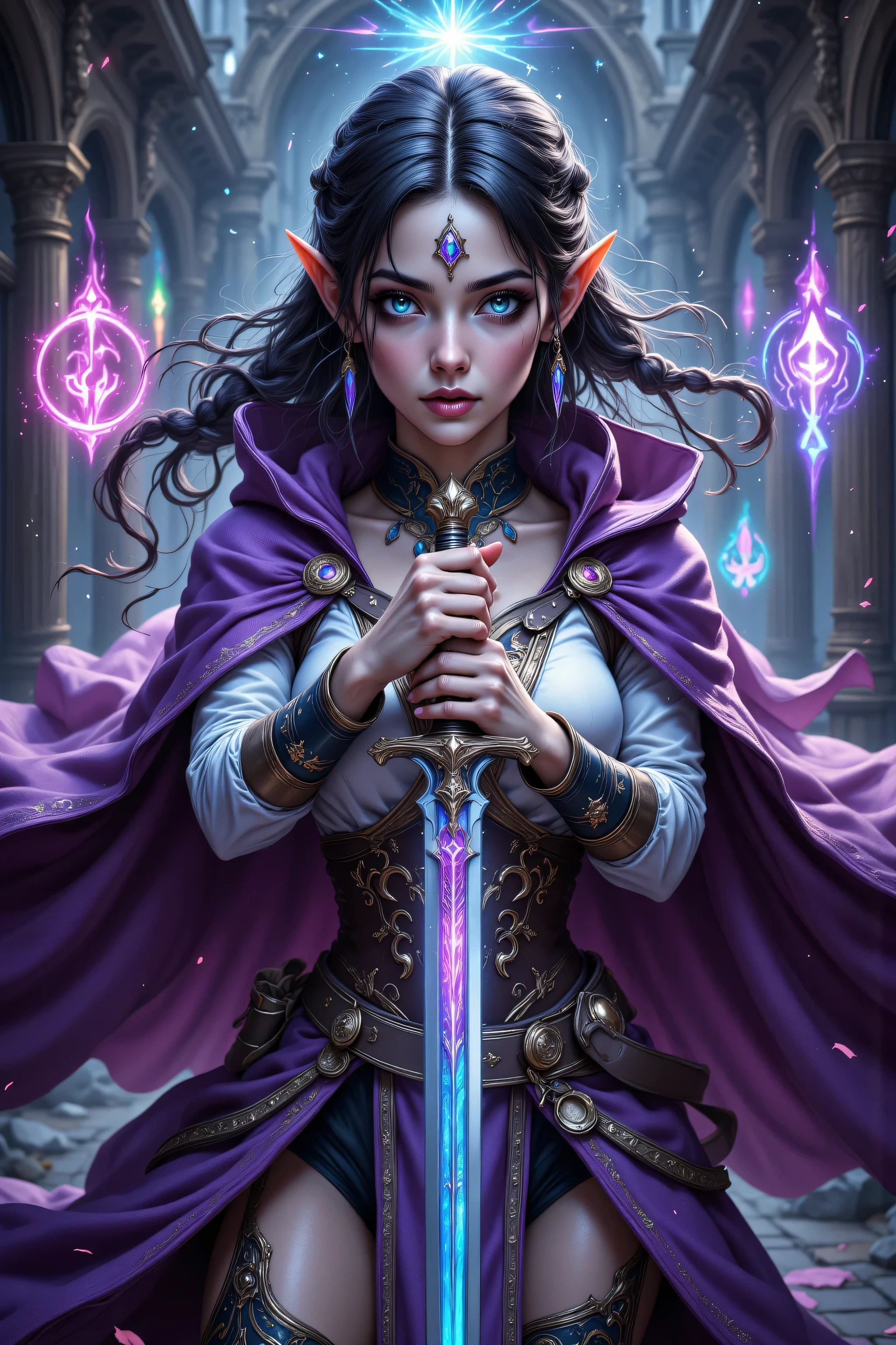 aidmanijiv6,zavy-ctcmcs,w1n,hyp3rd3tail style,midjourney ,a picture of a female elf (intense details, Masterpiece, best quality) fantasy swashbuckler, fantasy fencer, armed with a slim sword, shinning sword, metallic shine, colorful clothes, dynamic clothing, an ultra wide shot, full body (intense details, Masterpiece, best quality)epic beautiful female elf (intense details, Masterpiece, best quality), rich hair, braided hair, small pointed ears, action shot, GlowingRunesAI_red , colorful magical sigils in the air, colorful arcane markings floating,  holding a sword (intricate details, Masterpiece, best quality), fantasy urban street (intense details, Masterpiece, best quality),  purple cloak, long cloak (intense details, Masterpiece, best quality), sense of daring, sense of adventure,  high details, best quality, 8k, [ultra detailed], masterpiece, best quality, (extremely detailed), dynamic angle, ultra wide shot, photorealistic, RAW, fantasy art, dnd art,fantasy art, realistic art, Celestial Fantasy, zavy-ctcmcs, w1n, hyp3rd3tail style