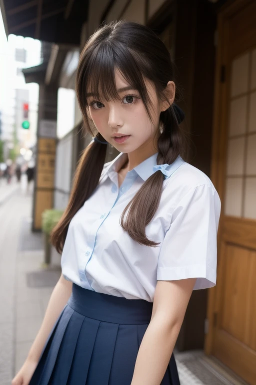 ((highest quality, masterpiece :1.3)), Photorealistic、Ultra-high resolution、Natural skin texture、Hyperrealism、Photograph from the knee up、15 year old Japanese beautiful girl、Twin tail hair、well-shaped breasts、White collared shirt and tie、mini skirt、Painful expression