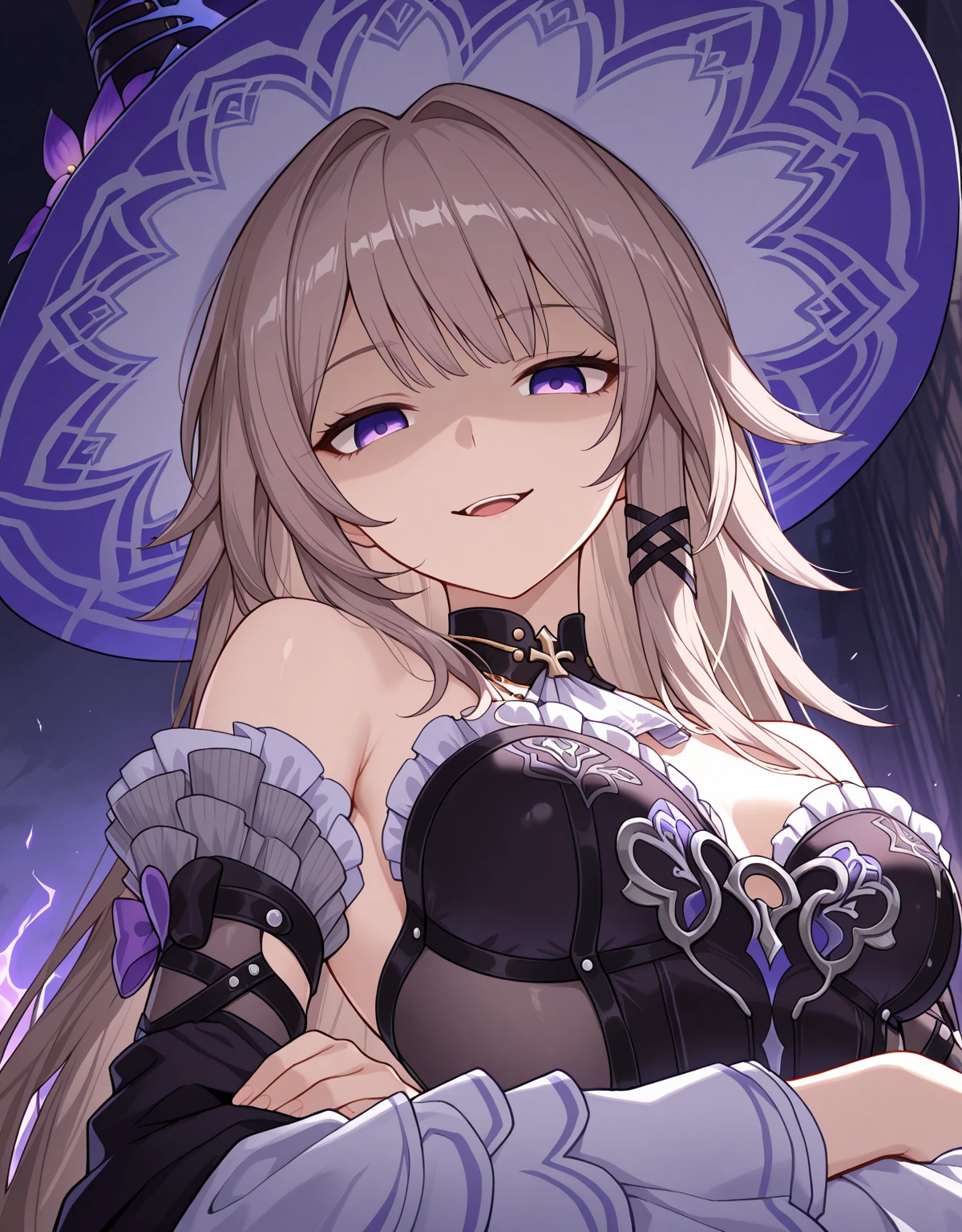 (best quality, highres, masterpiece : 1.4), (flatten art : 0.8), masterpiece, (best quality), 1woman, anime, beige long hair, fair skin, faint red eyes, black and purple headress, medium sized breast, calm smile, (detailed face), black dress, grabbing a black schyte, lake, close-up, alluring, dynamic angle, eyes to the viewer