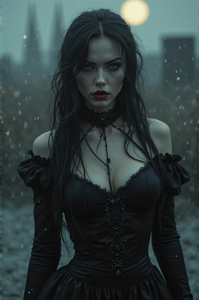 Woman, blue colored eyes, Bblack hair, very long hair,  teeths, tusk, best qualityer, pale white skin.high resolution, slickedback hair, breastsout, Half moon earrings, gura fechada, eyes open, eye white, flickering eyes, apocalypto, Surrealism, 真实感, ear, gura,