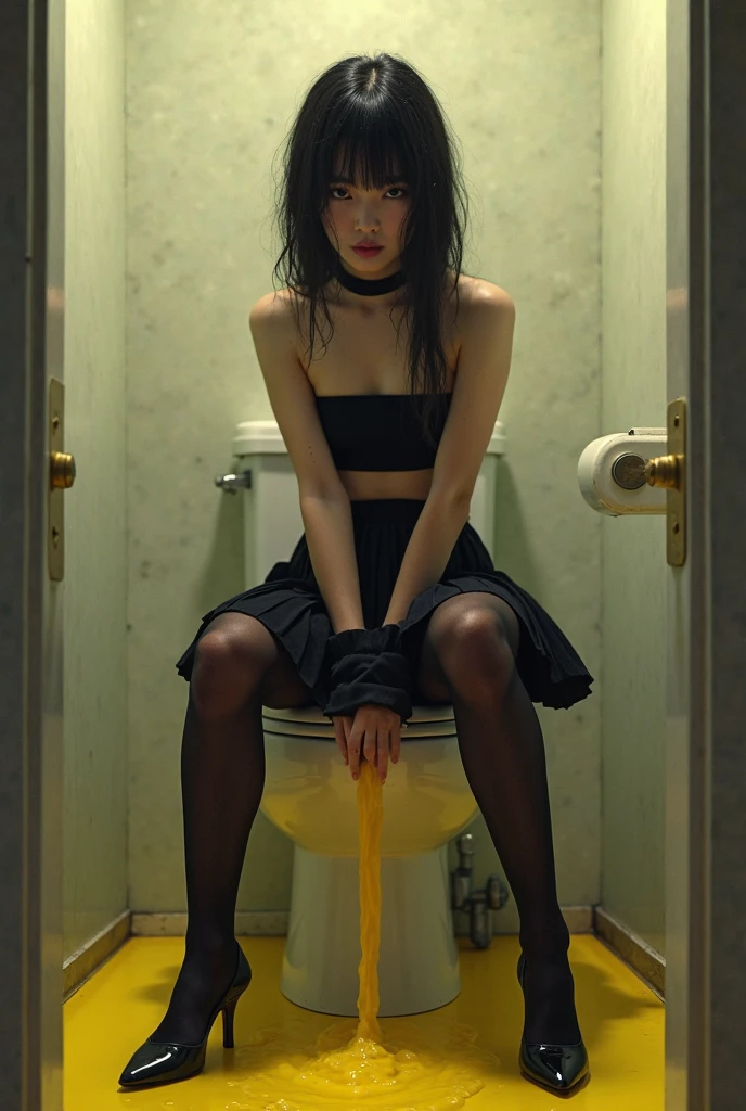A shabby and worn-out public restroom).Korean woman.korean beauty.Korean model.South Korean girl groups. She is wearing a tight white school uniform shirt, a blue tie, a black skirt, a short tight school uniform skirt, and black fishnet stockings that reach her thighs..
(Big hearted).realistic.G-cup chest.
The pelvis is a supermodel. The shirt button is undone, revealing a black bra..(Sitting on the toilet seat . Arms tied up.Spread your legs so your panties are visible.)