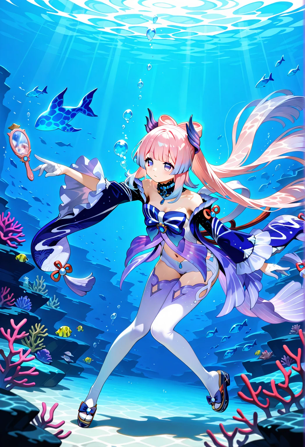 "Sangonomiya Kokomi gracefully swims in the depths of the ocean, surrounded by vibrant corals and freely swimming fish. Immersed in the beauty of the underwater scenery, create a masterpiece capturing every intricate detail. 4K HD quality brings the stunning visuals to life."