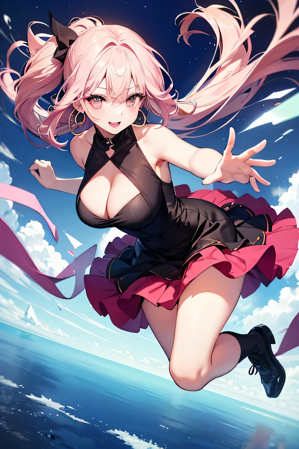white bikini, bright color skirt, thong, high-leg, high-slit, pink twin tails, standing on one leg, martial arts stance, dynamic pose, cleavage, emerald eyes with highlights, metallic hair ornament, bare legs, cameltoe