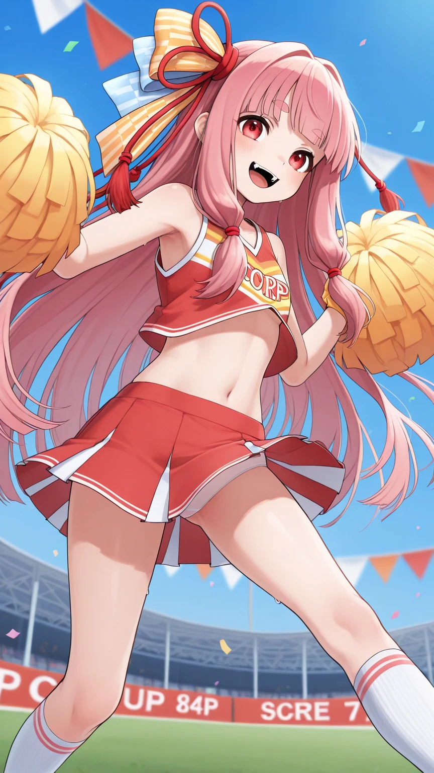 1 girl, game CG, sleeveless white cheerleader, lower breasts visible, navel visible, short red skirt, gigantic breasts, pink hair, long hair, ponytail, princess hairstyle, ahoge, pink eyes, out of school , blue sky, tree, jump, smile, open mouth,