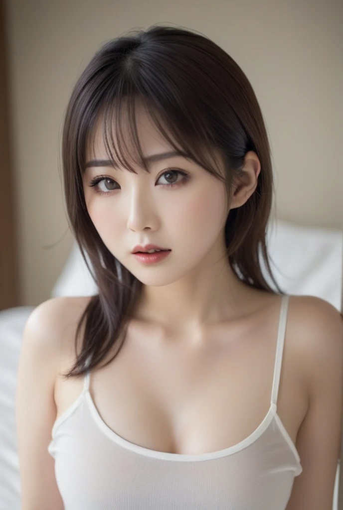 Big breasts that seem to be spilling out of the clothes、First Person View, (masterpiece:1.3), High resolution, Very detailed, Very detailedな CG Unity 8k 壁紙, Realistic, photo-Realistic, RAW Photos, Beautifully detailed face, Pale skin, Realistic glistening skin, Detailed cloth texture, Detailed hair texture, Perfect body, Beautiful Face, Accurate, Anatomically correct, Highly detailed face そして skin texture, Natural neck length, (Beautiful Hそしてs), (Fair skin:1.2),The perfect off-the-shoulder look,、Cover your chest with your hands、Lying on your back in bed、break、Black Eyes