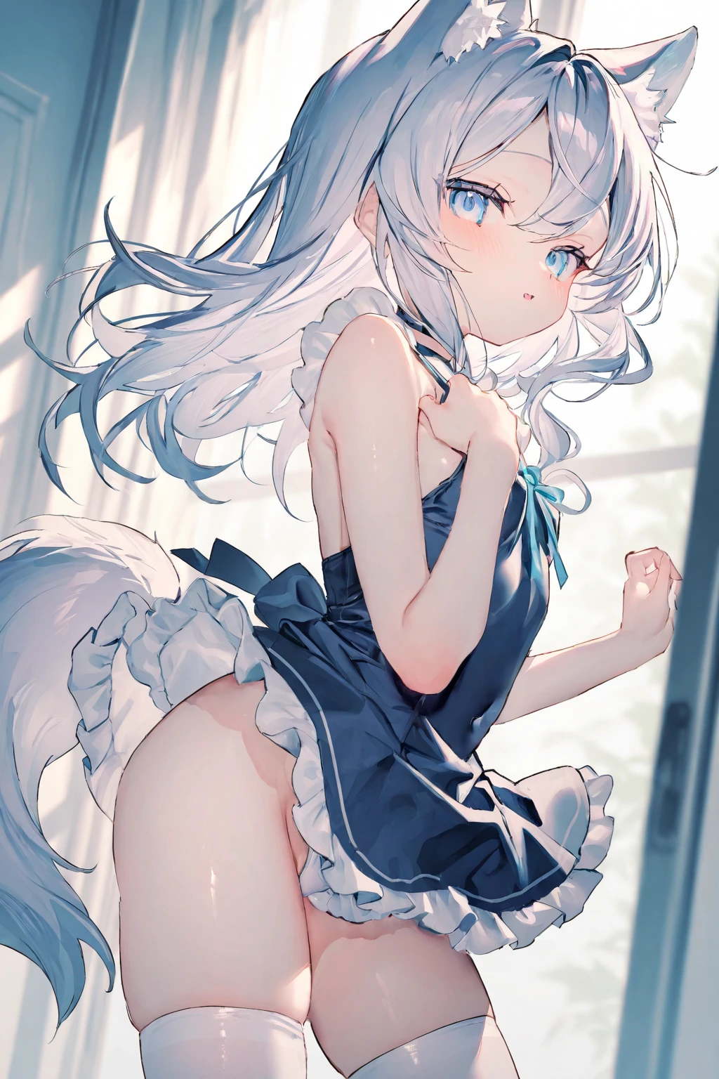 Blush, ((((White color blouse)))),  white long boots, (on top of the bed), Kneeling, D-cups, White hair, ahoge, Heart-shaped pupils, blue color eyes, (((((cat ear))))), is shy，White gloves， torogao, Reflectors, Yandere, anime big breast, Chiaroscuro, Ray tracing, shadowing, hyper HD, Masterpiece, Accurate, Anatomically correct, Textured skin, Super detail, High details, High quality, Award-Awarded, Best quality, A high resolution, 16k，(There is love around you)，((((Tempting))))，Get wet