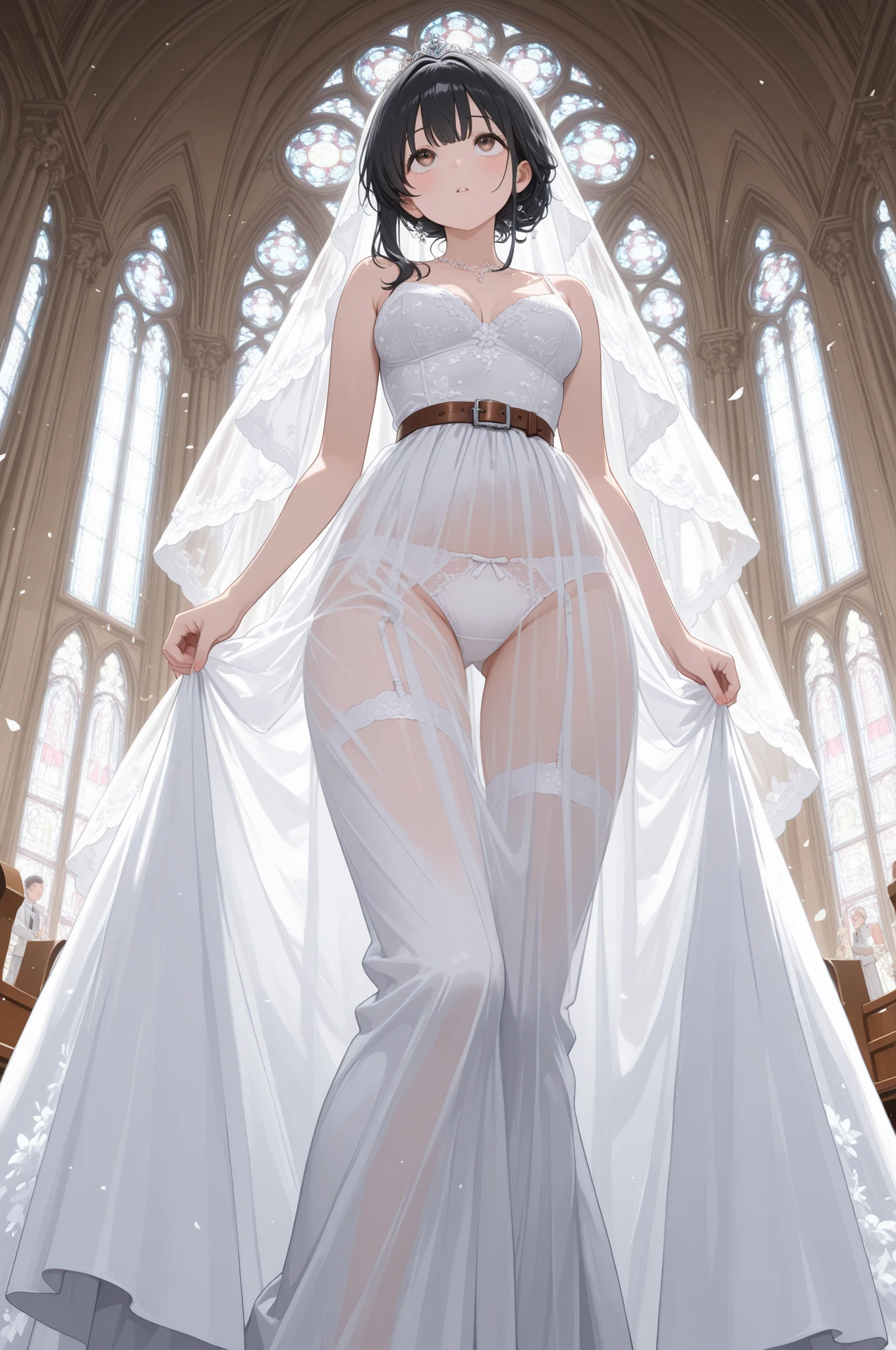 Dark room, Bride with veil, White long dress, Eyes closed, whole body, See-through, Gothic church, Candlelight, Blue Stained Glass, masterpiece, highest quality, Highest quality