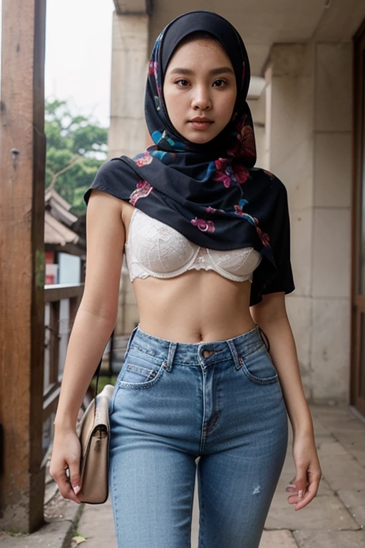 1 malay woman in hijab,(( light blue floral pattern bra and panties)),(large buttocks),Emphasize ass,Smaller chest, laughing smile, (hijab flying), de pele branca,big breasts thin waist, egypt style street, Hyper-Realism, Cinematic lighting, depth of fields, From below, vanishing point, F/2.8, Anatomically correct, Textured skin, Super Detail, awardwinning, Best Quality, hight resolution, 8k,