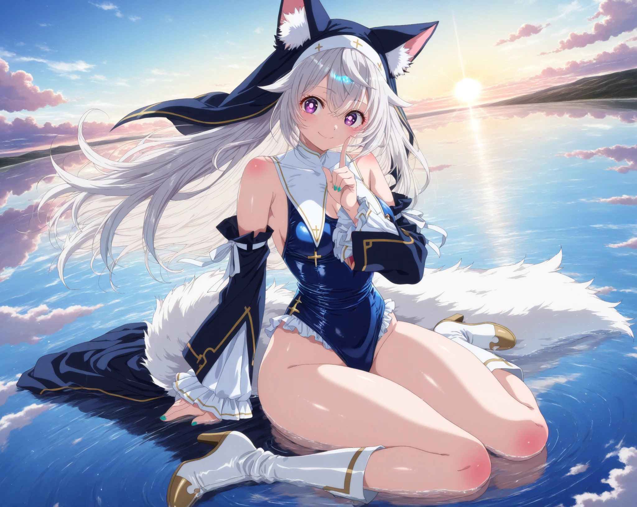 Color hair girl sitting on the floor with legs crossed, nekomimi, white cat girl, attractive cat girl, anime girl role play, anime cat woman, beautiful young cat woman, very beautiful and cute cat woman, anime cosplay, very beautiful anime cat girl, female furry mini cute style, white (cat) girl, cute anime cat girl, cat ears and tail, bare feet, detailed feet, detailed toes, delicate smooth skin, wet body, white knot mini bikini, sexy --auto