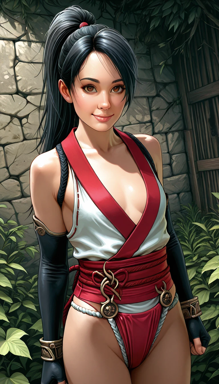 Kaede, short black hair, brown hair,ponytail ,medium breasts, standing, smiling, ,solo , cowboy shot, 
red tattoo on left thigh, 
KaNin,black thighhighs,gloves, panties,sleeveless, short orange kimono,elbow gloves,sandals,ninja, cleavage
night time, forest, 
(insanely detailed, beautiful detailed face, masterpiece, best quality)
 <lora:Kaede-10v3:0.7>