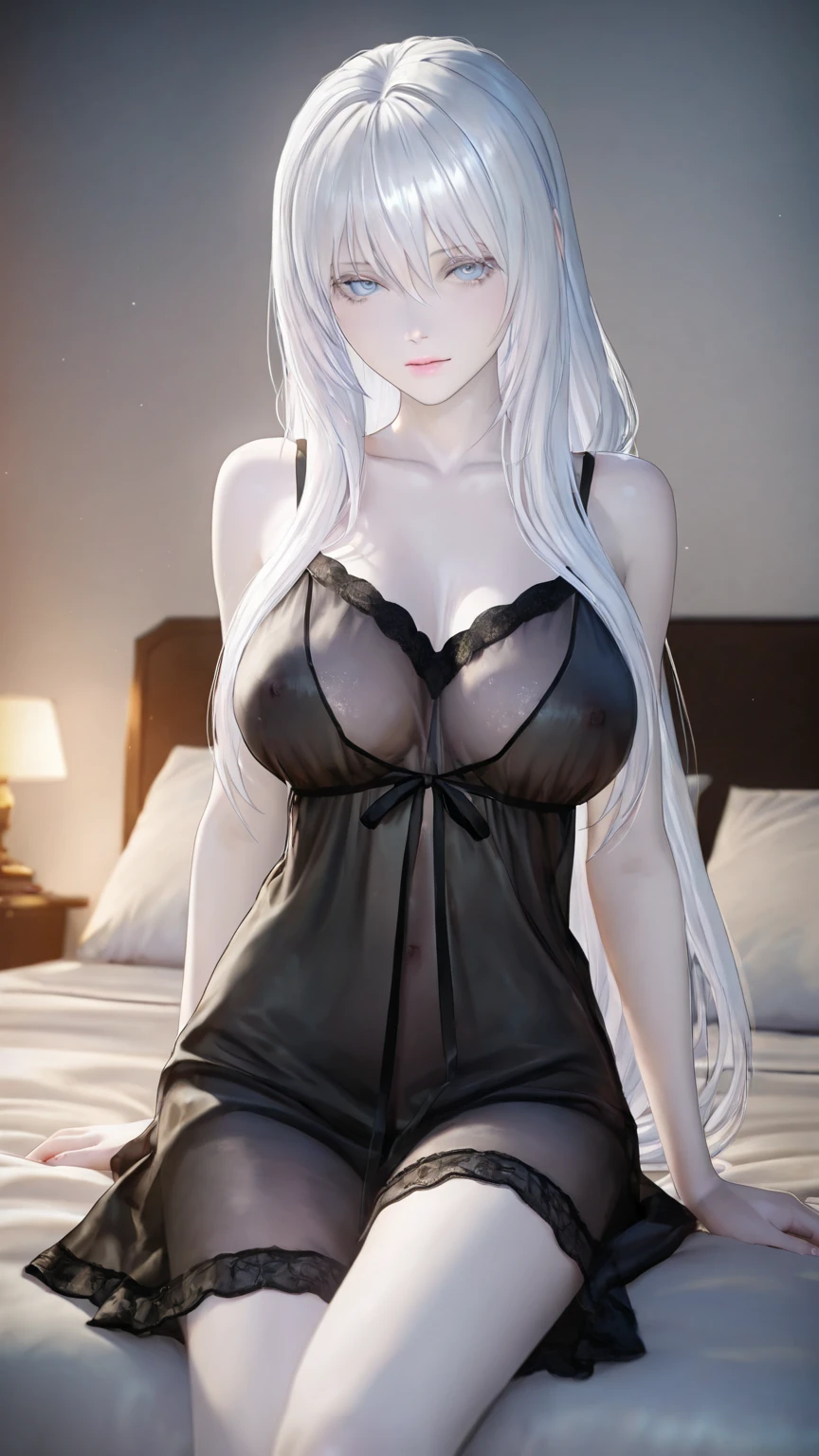 (8k, RAW photo:1.2),1 woman,(white long hair:1.31), necklace, best quality, ultra high res, (photorealistic:1.3), POV ,(solo:1.1), (look at viewer:1.331),(teasing smile:1.1), (eyelashes:1.1), (depth of field:1.1), (slim body), (skinny),(lying in bed in sleeping position),bed_sheet, Lie on the pillow, looking_down, arms up, hands behind head, finely detailed black corset fine thong with stockings, (sunlight), (seen from above perpendicularly), ulzzang-6500-v1.1, hair ornament