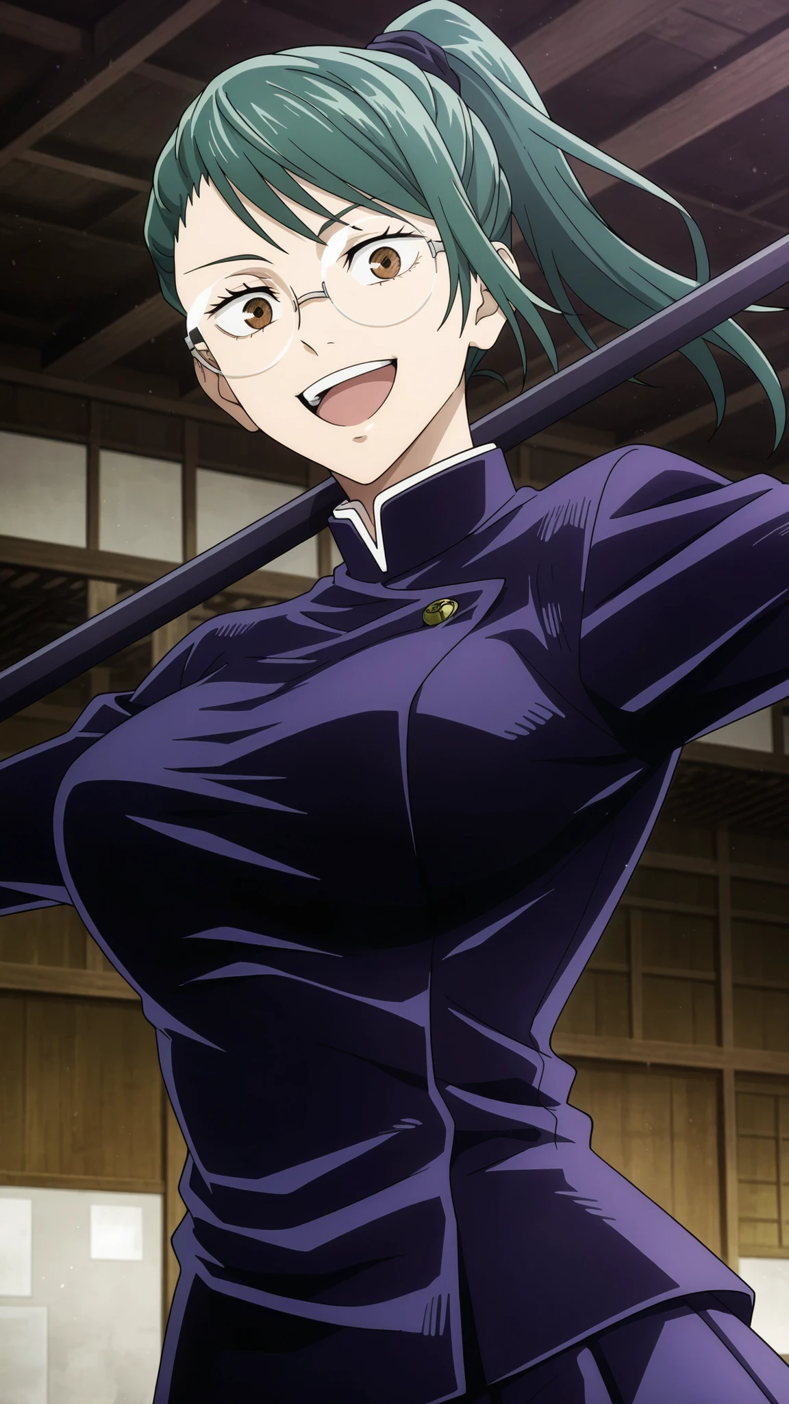 maki zenin,jujutsu kaisen
High quality , best quality , masterpiece, High Resolution , detailed face( LoRA: maki),anatomically correct, detailed hair Style( LoRA: maki),anime Coloring,
solo, 1 girl,
brown eyes, glasses, green hair, ponytail,, breast,
school uniform, weapon
looking at viewer ,close up,upper body,
, Japanese-style room
, smile,open mouth
,spread arms