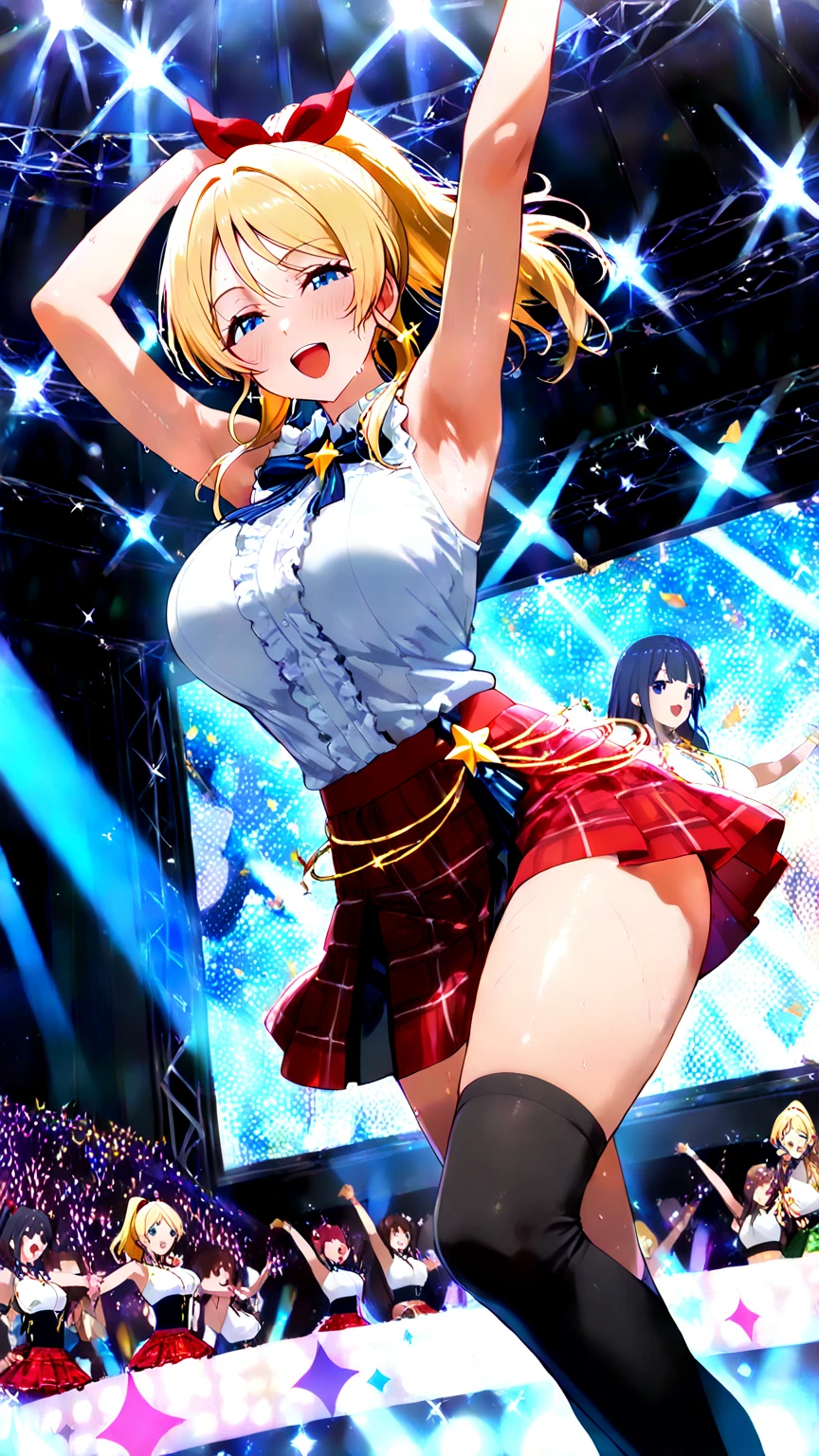 masterpiece, ((Highest quality))、Idol Concert、((Concert Stage、Concert Venues))、(3 人のcute裸の女の子、cute:1.3、Slim figure:1.4、smile、sing、dance、Mr.々Hair style、pubic hair、fun、Open Stance:1.2)、(((Full nudity、Pussy)))、(Realistic and detailed skin texture、Big beautiful eyes、Ribbon Hairband、Idol Costumes、Ultra mini skirt)、((The characters are unique、Mr.々Hair style
