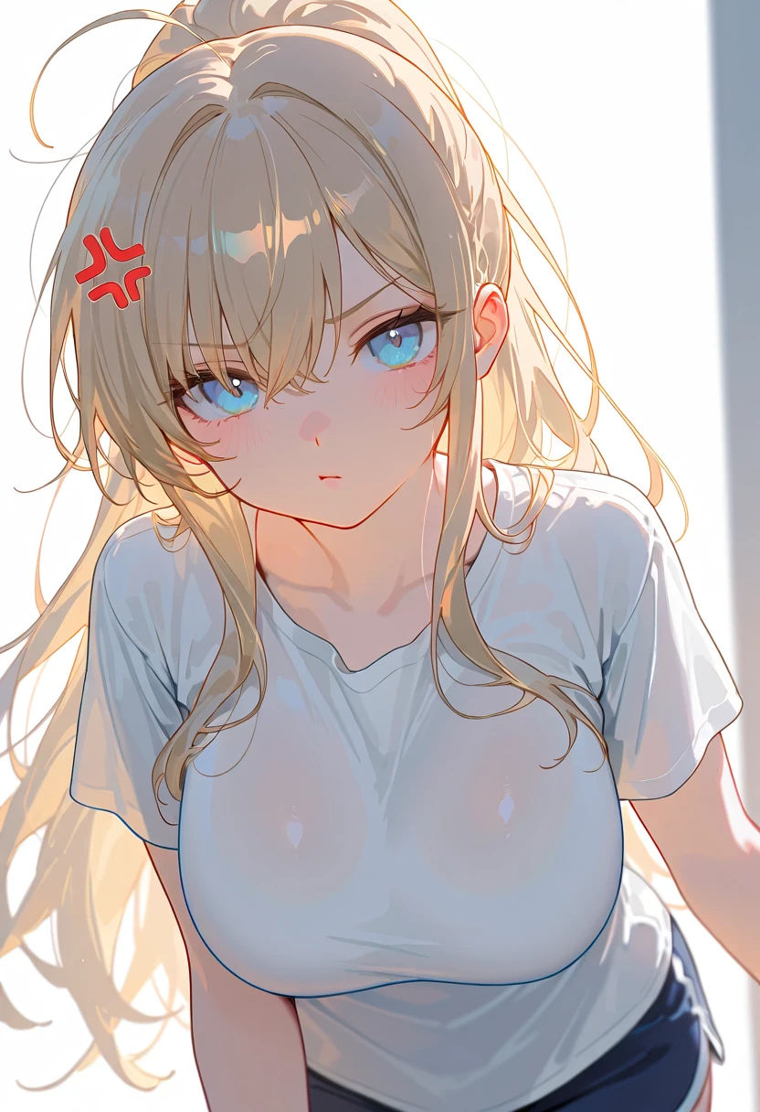 nsfw,(Petite),(boy),penis,blonde low twintails,lips,There is a gap in the chest area of the hoodie,Sweat,White Breath,slouch,Audience peering from above