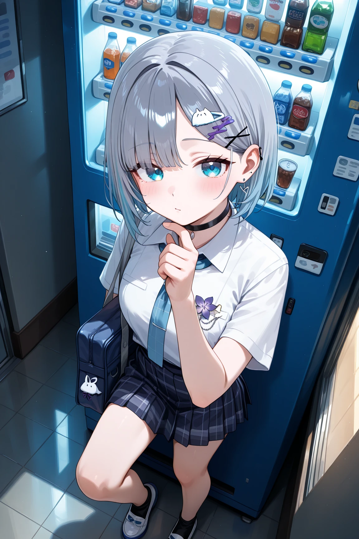 manga style, girl with long light blue hair eating in cafeteria while scrolling her cell phone, indonesian school uniform