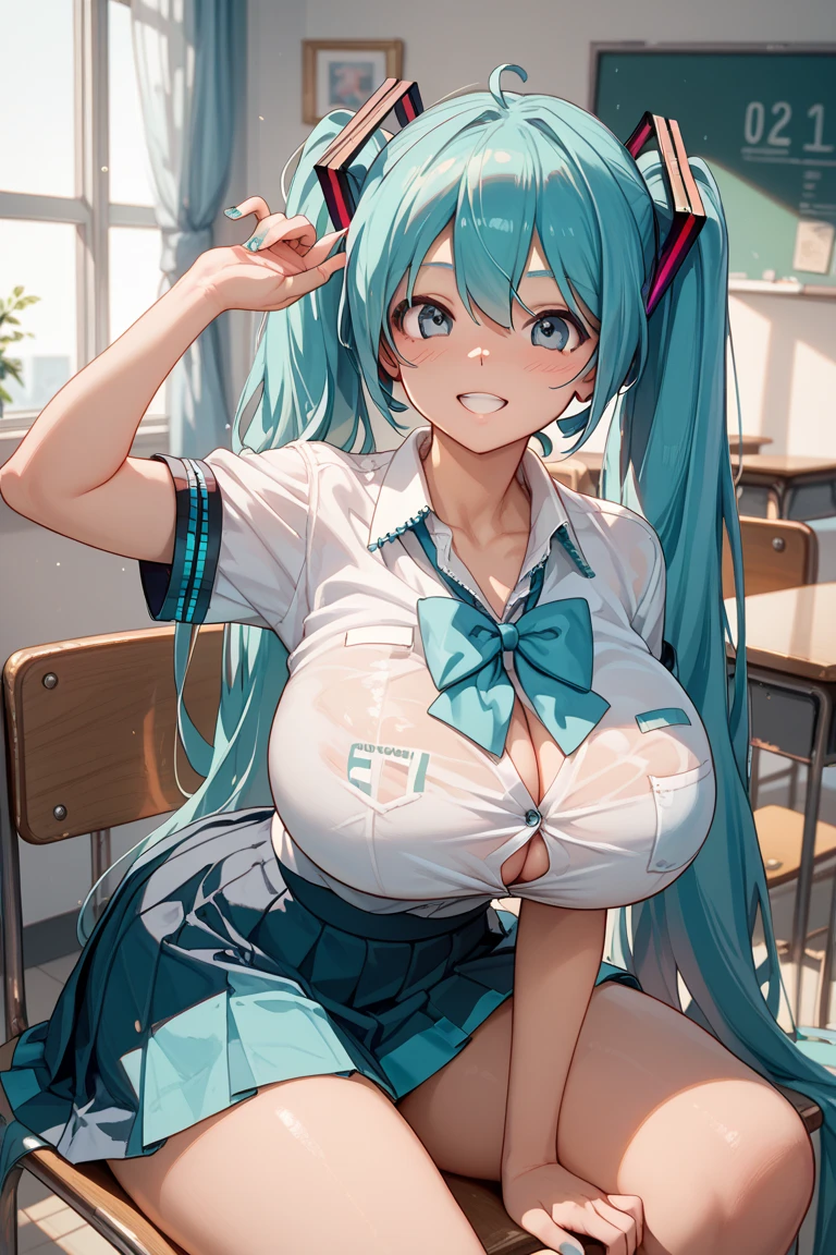Young Hatsune Miku、girl、独奏、blush、(Huge breasts:1.4)、girl、Kindergarteners、、6 years old、、、be happy、Frills、Long skirt、Colorful costumes、Cosplay Costumes、Idol Costumeagical girl、Puffy short sleeves、Clothes are see-through、From below、Wet clothes、、Sit with your legs apart、Flexion and extension