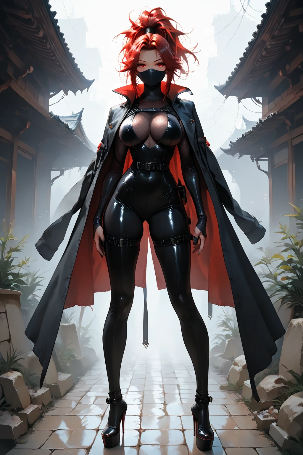 best quality masterpiece extremely detailed highres 1girl huge breasts sexy vampire mask ninja cloak