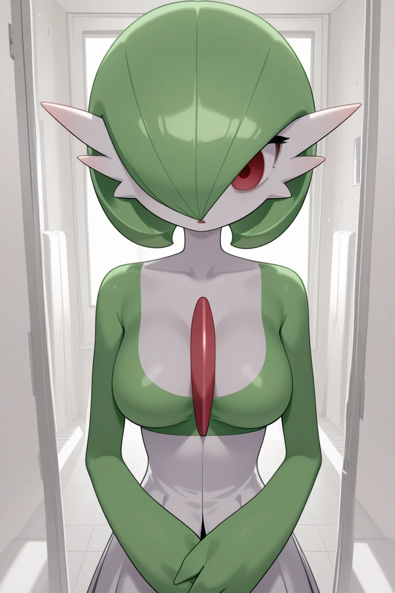 gardevoir, white dress, creatures \(company\), game freak, nintendo, pokemon, pokemon \(game\), bangs, colored skin green hair, green skin, hair over one eye, multicolored skin, pokemon \(creature\), red eyes, short hair, two-tone skin, white skin
large breasts, nipples, crossed arms,