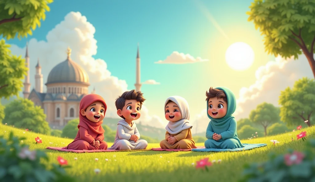 4 young girl and 3 young men, sitting casual, wearing nice moslem garb, rice field is background, octane render, realism picture