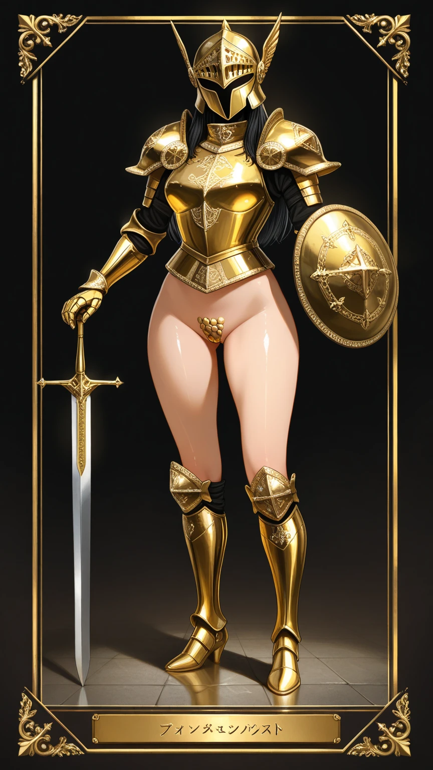 Sexy female warrior with transparent golden crystal armor and a crystal sword, uncovered body, round ass, big breasts