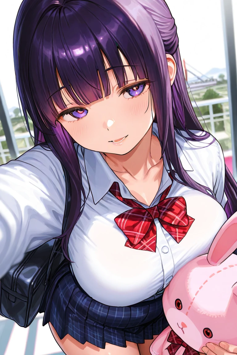 todoshizuko, purple hair, ponytail, hair ribbon, long hair, blue eyes, makeup, 15years old , large breasts, solo, nsfw, nipple, ride a bicycle