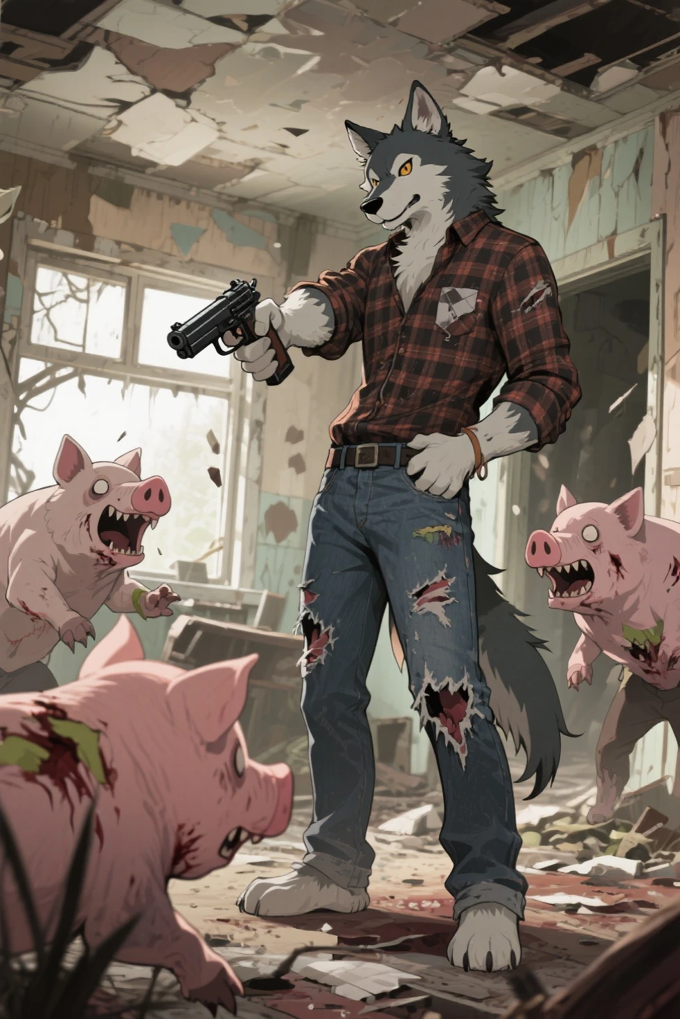 masterpiece, best quality, 8k resolution, Very detailed, hairy，Shiba Inu，(Black hair)，(((golden fur)))，(((Blood red eyes)))，Chubby，Chubby face，(((White shirt)))，(((Loose shirt)))，((Black pants))，(((For the audience)))，Highest quality scene，(((Solitary)))，(((solitary)))，Upright，portrait，((Hand drooping normally))，((Night))，((bloody))，((Face-to-face))，(((Eyes on me)))，(((The eyes are empty)))，(((Round face)))，(((Smiling evilly)))，(((Blood all over)))，(((canvas shoes)))，(((Standing)))