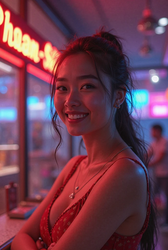"Create an image of an 18-year-old Asian woman engaged in marketing, with a cute face and a smile. The image should be full-body, with a slightly revealing outfit, showcasing a youthful appearance."
